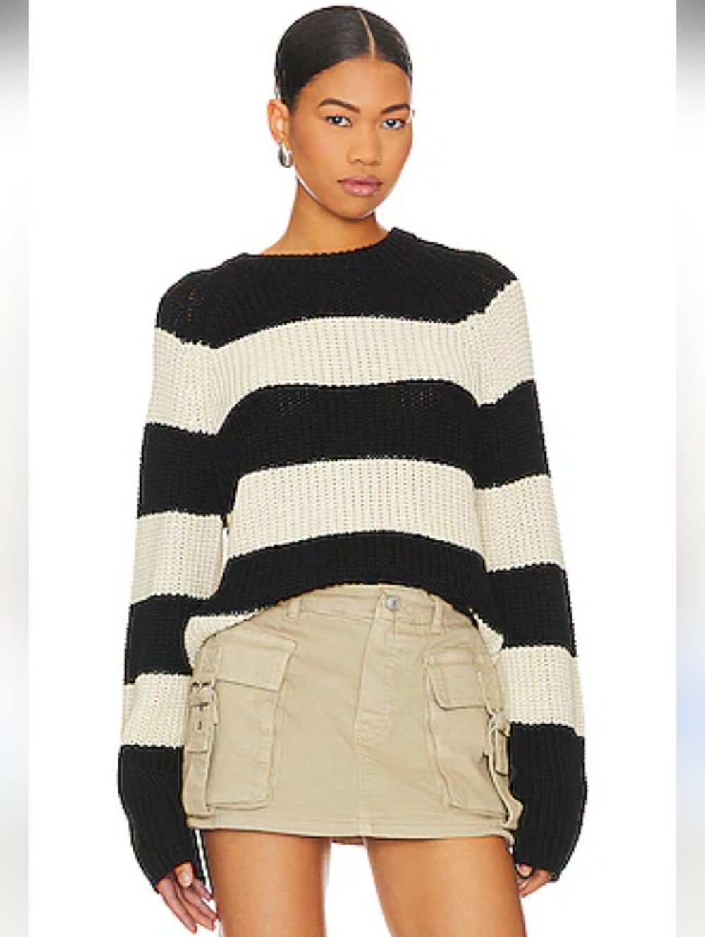 Velvet by Graham & Spencer Women’s Sweater Ciara Striped Cotton Black Ivory L
